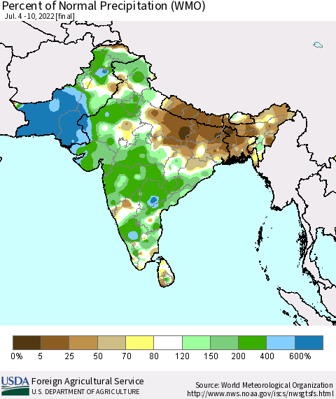 Southern Asia Percent of Normal Precipitation (WMO) Thematic Map For 7/4/2022 - 7/10/2022