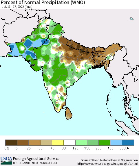 Southern Asia Percent of Normal Precipitation (WMO) Thematic Map For 7/11/2022 - 7/17/2022