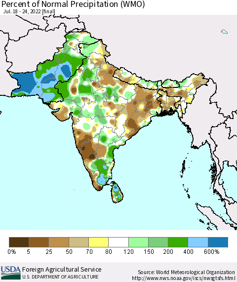 Southern Asia Percent of Normal Precipitation (WMO) Thematic Map For 7/18/2022 - 7/24/2022