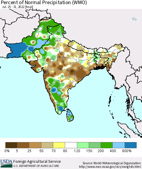Southern Asia Percent of Normal Precipitation (WMO) Thematic Map For 7/25/2022 - 7/31/2022
