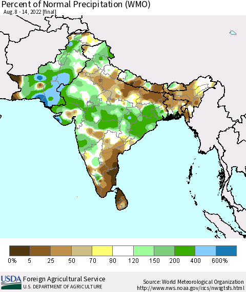 Southern Asia Percent of Normal Precipitation (WMO) Thematic Map For 8/8/2022 - 8/14/2022