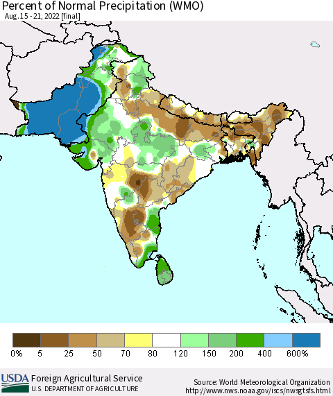 Southern Asia Percent of Normal Precipitation (WMO) Thematic Map For 8/15/2022 - 8/21/2022