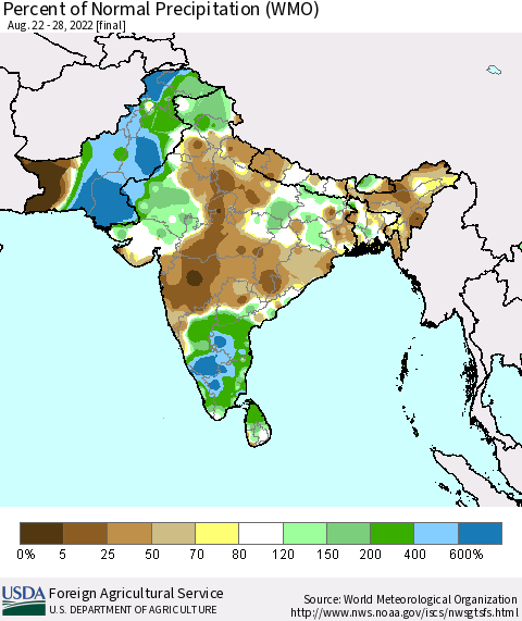 Southern Asia Percent of Normal Precipitation (WMO) Thematic Map For 8/22/2022 - 8/28/2022