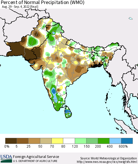 Southern Asia Percent of Normal Precipitation (WMO) Thematic Map For 8/29/2022 - 9/4/2022