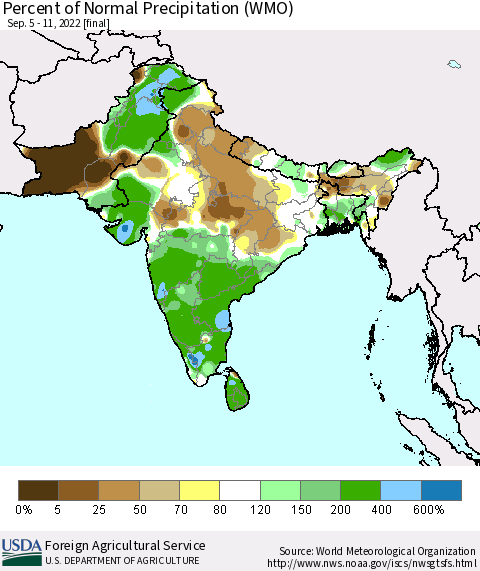 Southern Asia Percent of Normal Precipitation (WMO) Thematic Map For 9/5/2022 - 9/11/2022
