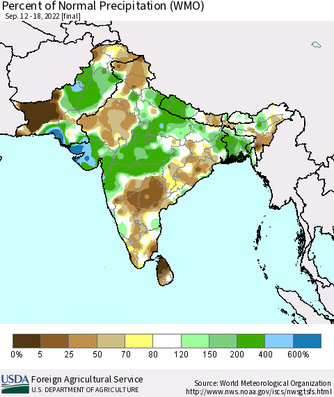 Southern Asia Percent of Normal Precipitation (WMO) Thematic Map For 9/12/2022 - 9/18/2022