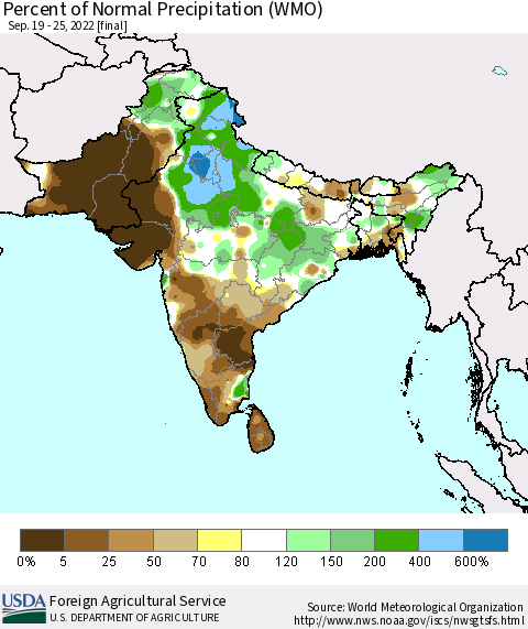 Southern Asia Percent of Normal Precipitation (WMO) Thematic Map For 9/19/2022 - 9/25/2022