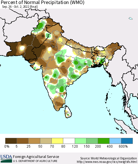 Southern Asia Percent of Normal Precipitation (WMO) Thematic Map For 9/26/2022 - 10/2/2022