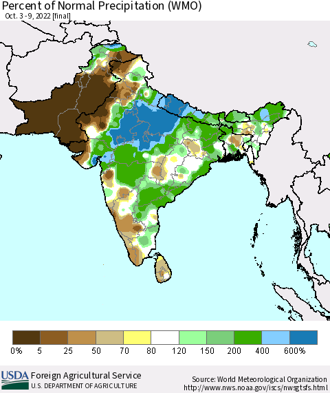 Southern Asia Percent of Normal Precipitation (WMO) Thematic Map For 10/3/2022 - 10/9/2022