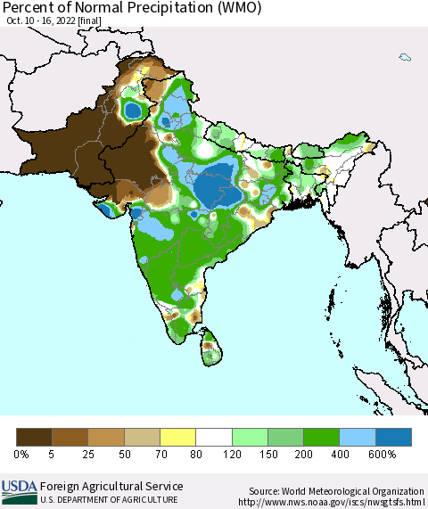 Southern Asia Percent of Normal Precipitation (WMO) Thematic Map For 10/10/2022 - 10/16/2022