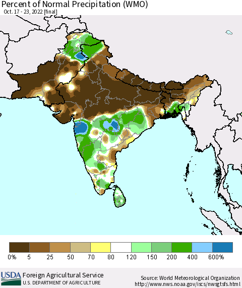 Southern Asia Percent of Normal Precipitation (WMO) Thematic Map For 10/17/2022 - 10/23/2022