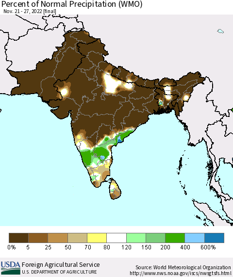 Southern Asia Percent of Normal Precipitation (WMO) Thematic Map For 11/21/2022 - 11/27/2022