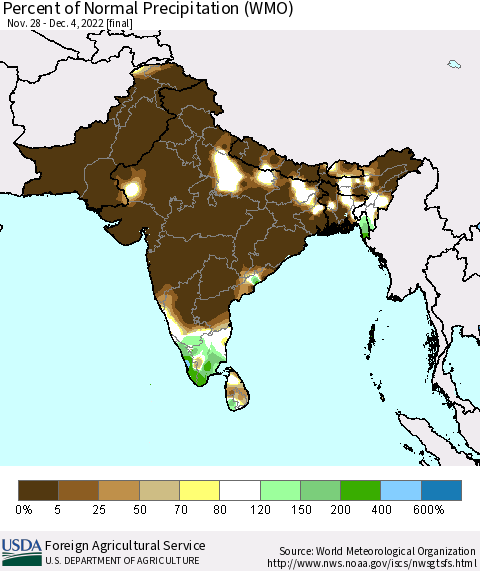 Southern Asia Percent of Normal Precipitation (WMO) Thematic Map For 11/28/2022 - 12/4/2022