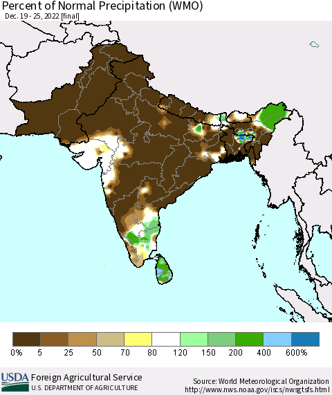 Southern Asia Percent of Normal Precipitation (WMO) Thematic Map For 12/19/2022 - 12/25/2022