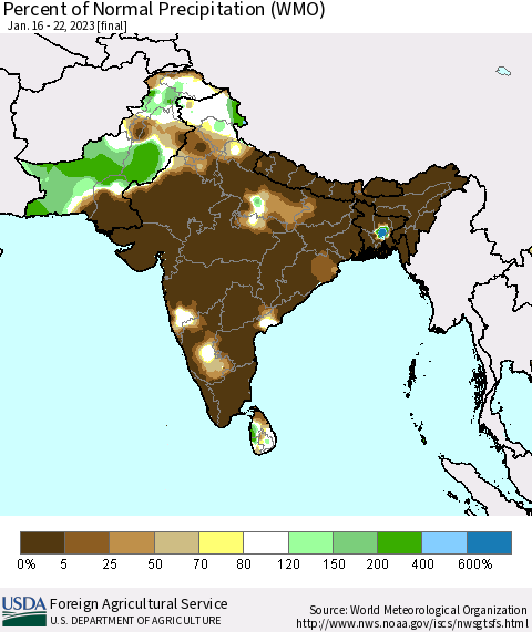 Southern Asia Percent of Normal Precipitation (WMO) Thematic Map For 1/16/2023 - 1/22/2023