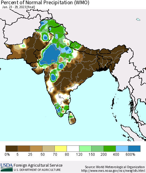 Southern Asia Percent of Normal Precipitation (WMO) Thematic Map For 1/23/2023 - 1/29/2023