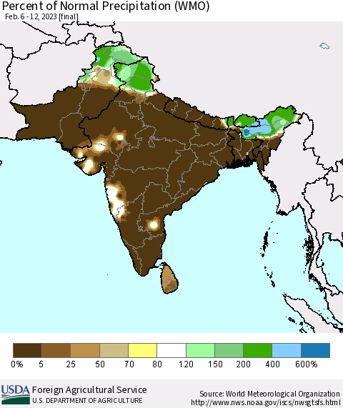 Southern Asia Percent of Normal Precipitation (WMO) Thematic Map For 2/6/2023 - 2/12/2023