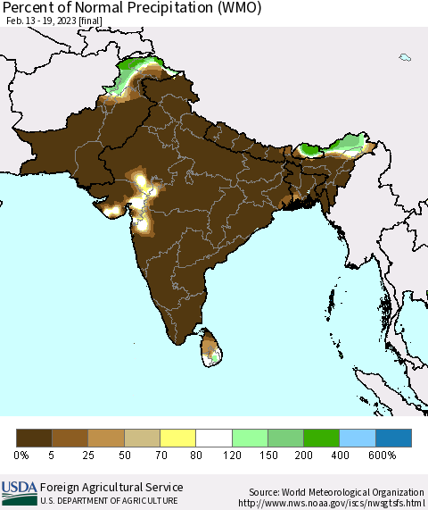 Southern Asia Percent of Normal Precipitation (WMO) Thematic Map For 2/13/2023 - 2/19/2023