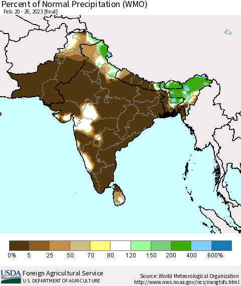 Southern Asia Percent of Normal Precipitation (WMO) Thematic Map For 2/20/2023 - 2/26/2023