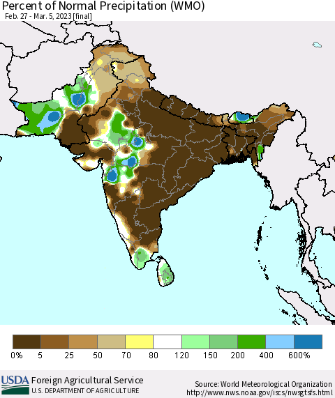 Southern Asia Percent of Normal Precipitation (WMO) Thematic Map For 2/27/2023 - 3/5/2023
