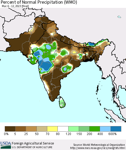 Southern Asia Percent of Normal Precipitation (WMO) Thematic Map For 3/6/2023 - 3/12/2023