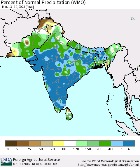 Southern Asia Percent of Normal Precipitation (WMO) Thematic Map For 3/13/2023 - 3/19/2023
