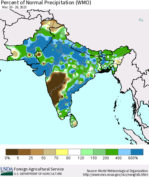 Southern Asia Percent of Normal Precipitation (WMO) Thematic Map For 3/20/2023 - 3/26/2023