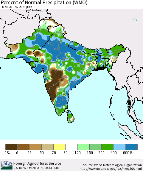 Southern Asia Percent of Normal Precipitation (WMO) Thematic Map For 3/20/2023 - 3/26/2023
