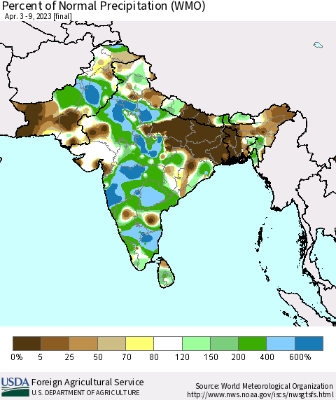 Southern Asia Percent of Normal Precipitation (WMO) Thematic Map For 4/3/2023 - 4/9/2023