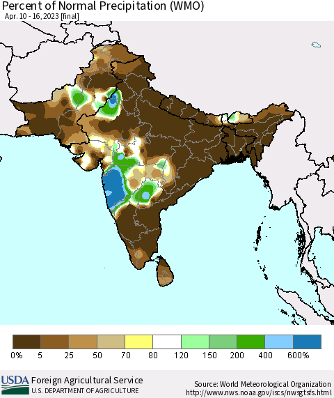 Southern Asia Percent of Normal Precipitation (WMO) Thematic Map For 4/10/2023 - 4/16/2023