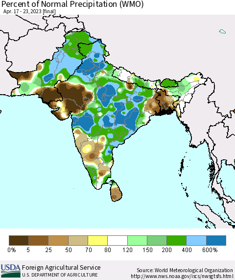 Southern Asia Percent of Normal Precipitation (WMO) Thematic Map For 4/17/2023 - 4/23/2023