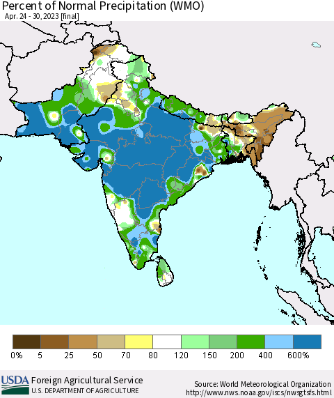 Southern Asia Percent of Normal Precipitation (WMO) Thematic Map For 4/24/2023 - 4/30/2023