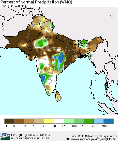 Southern Asia Percent of Normal Precipitation (WMO) Thematic Map For 5/8/2023 - 5/14/2023