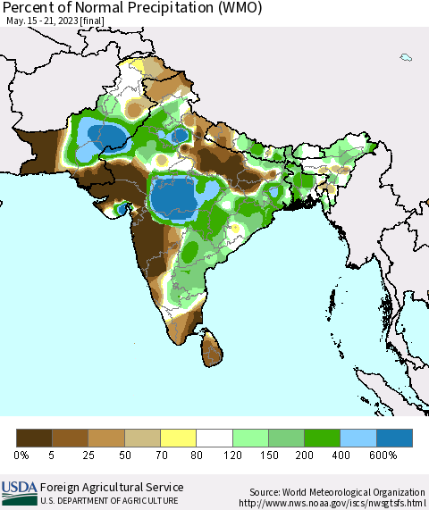 Southern Asia Percent of Normal Precipitation (WMO) Thematic Map For 5/15/2023 - 5/21/2023