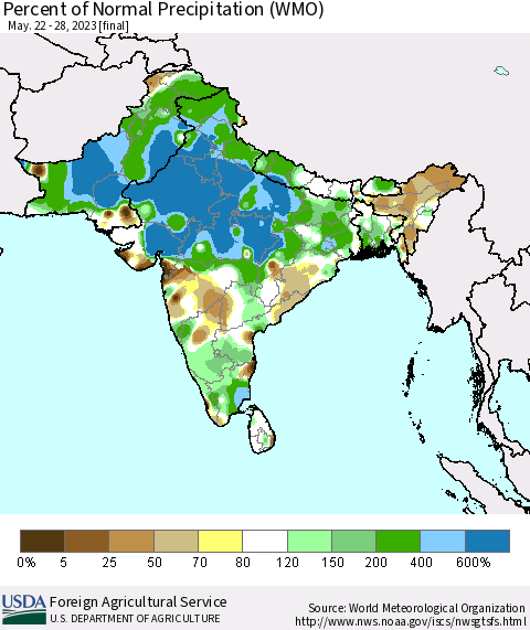 Southern Asia Percent of Normal Precipitation (WMO) Thematic Map For 5/22/2023 - 5/28/2023
