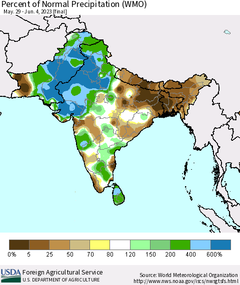 Southern Asia Percent of Normal Precipitation (WMO) Thematic Map For 5/29/2023 - 6/4/2023