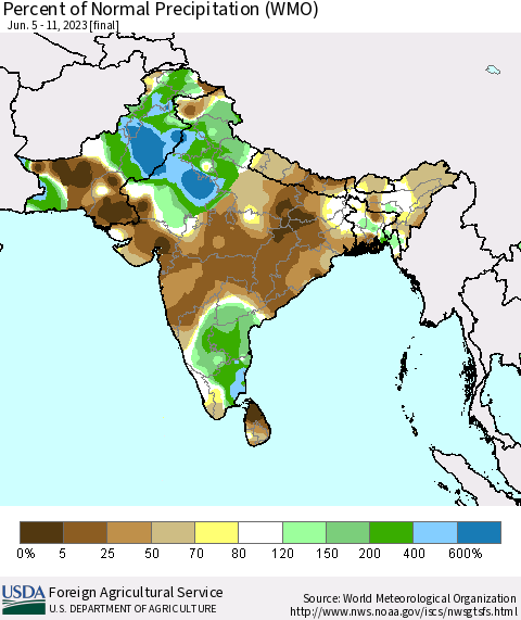 Southern Asia Percent of Normal Precipitation (WMO) Thematic Map For 6/5/2023 - 6/11/2023