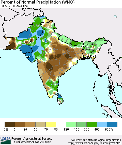 Southern Asia Percent of Normal Precipitation (WMO) Thematic Map For 6/12/2023 - 6/18/2023