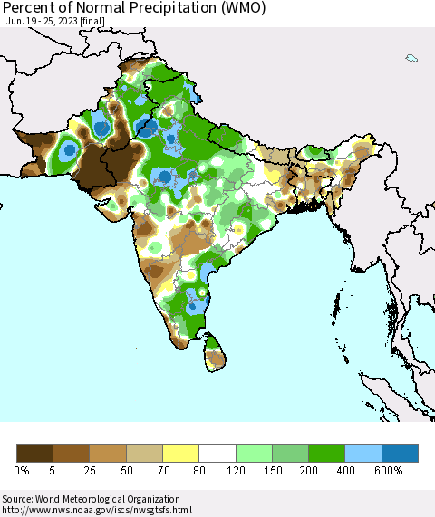 Southern Asia Percent of Normal Precipitation (WMO) Thematic Map For 6/19/2023 - 6/25/2023