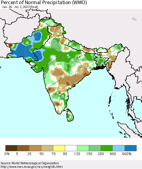 Southern Asia Percent of Normal Precipitation (WMO) Thematic Map For 6/26/2023 - 7/2/2023