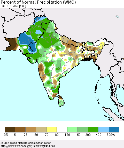 Southern Asia Percent of Normal Precipitation (WMO) Thematic Map For 7/3/2023 - 7/9/2023
