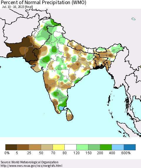 Southern Asia Percent of Normal Precipitation (WMO) Thematic Map For 7/10/2023 - 7/16/2023