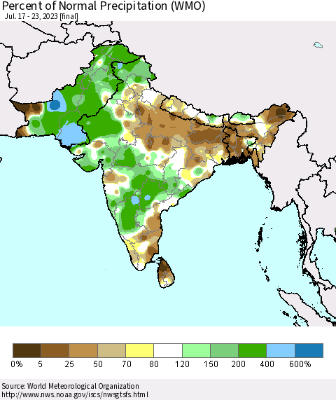 Southern Asia Percent of Normal Precipitation (WMO) Thematic Map For 7/17/2023 - 7/23/2023