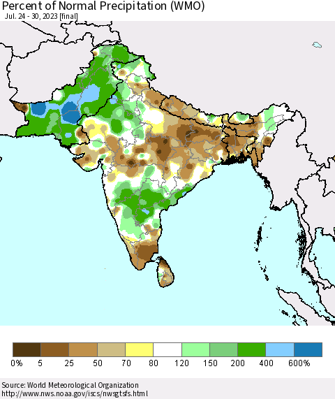 Southern Asia Percent of Normal Precipitation (WMO) Thematic Map For 7/24/2023 - 7/30/2023