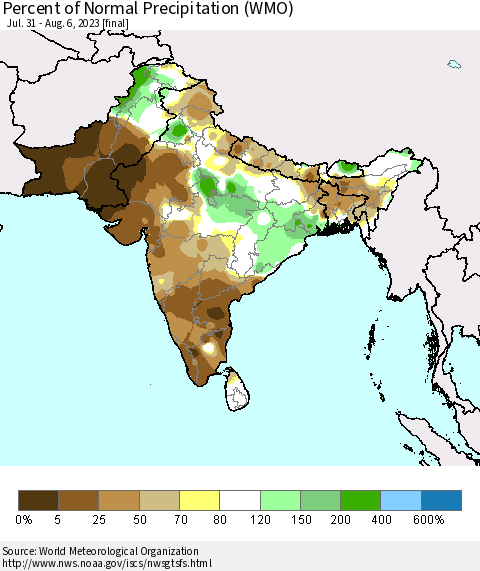 Southern Asia Percent of Normal Precipitation (WMO) Thematic Map For 7/31/2023 - 8/6/2023