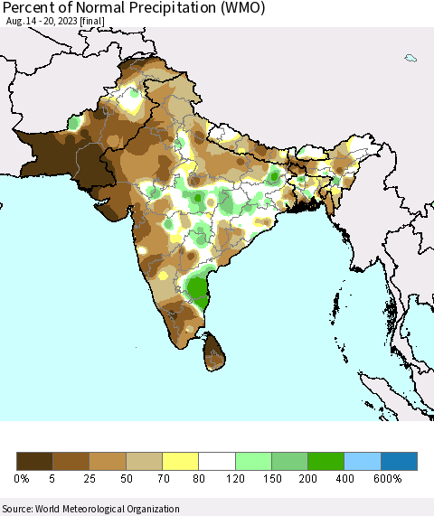 Southern Asia Percent of Normal Precipitation (WMO) Thematic Map For 8/14/2023 - 8/20/2023