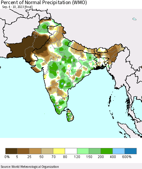 Southern Asia Percent of Normal Precipitation (WMO) Thematic Map For 9/4/2023 - 9/10/2023
