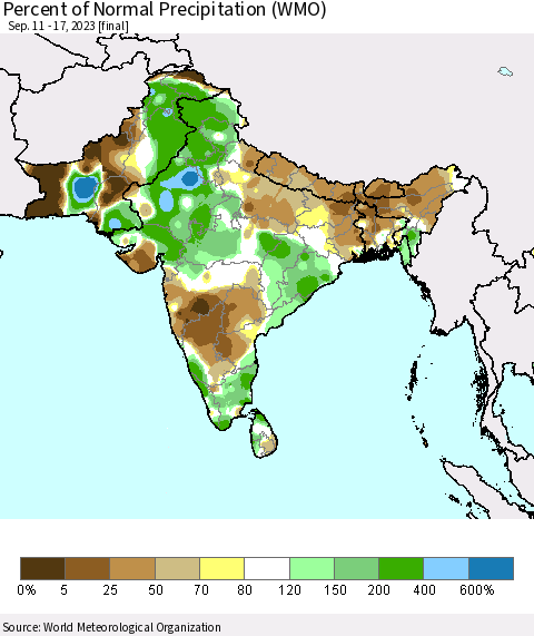 Southern Asia Percent of Normal Precipitation (WMO) Thematic Map For 9/11/2023 - 9/17/2023