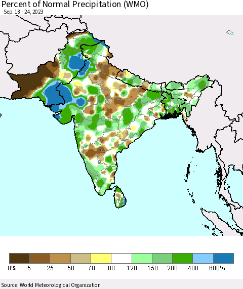Southern Asia Percent of Normal Precipitation (WMO) Thematic Map For 9/18/2023 - 9/24/2023