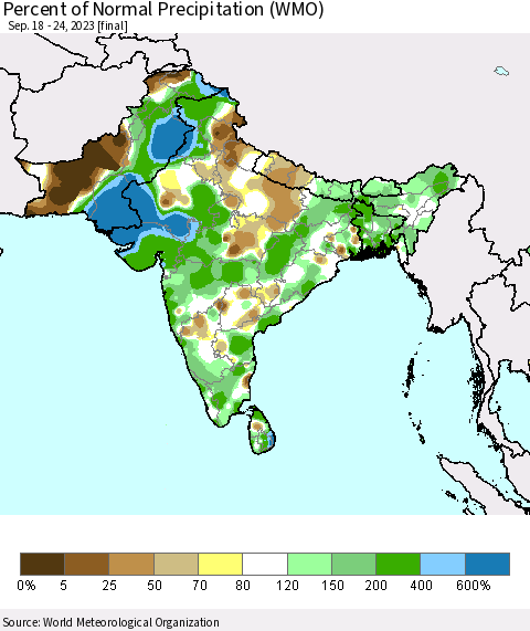 Southern Asia Percent of Normal Precipitation (WMO) Thematic Map For 9/18/2023 - 9/24/2023